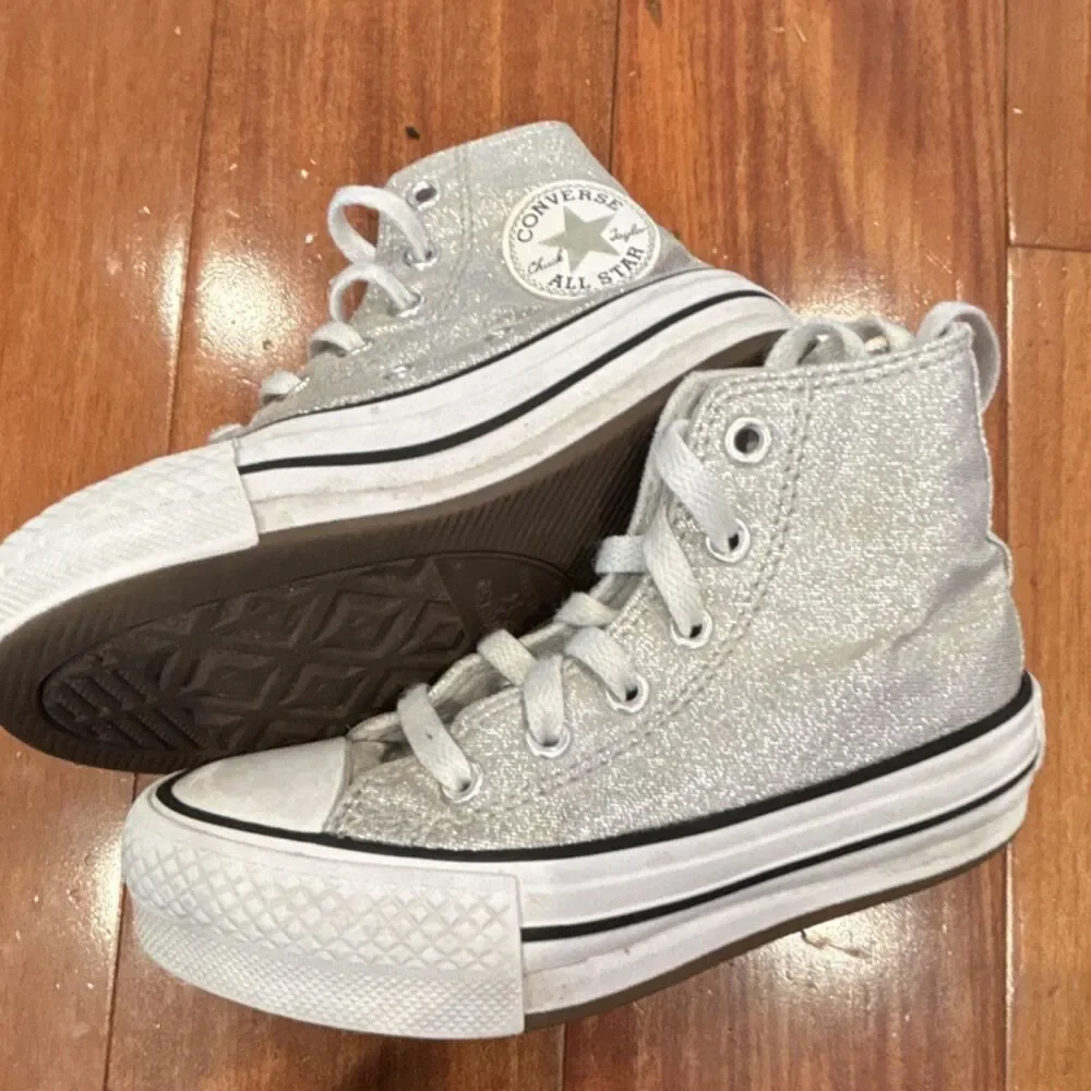 Converse Chuck Taylor All Star Hi Kids Silver Glitter Canvas High Top Sz 11.5